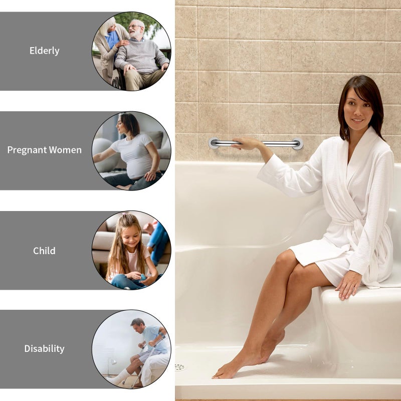 ZUEXT 16 Inch Stainless Steel Shower Grab Bar, ZUEXT Chrome Shower Handle, Bathroom Balance Bar, Safety Hand Rail Support Bar for Handicap Elderly Injury, Senior Assist Bath Tub Wall Concealed Mount Handle - Image 4
